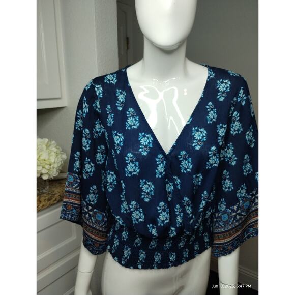 Twine & String Womens Large Top Kimono Sleeve Mosaic Floral Smocked Waist Boho - Picture 9 of 13